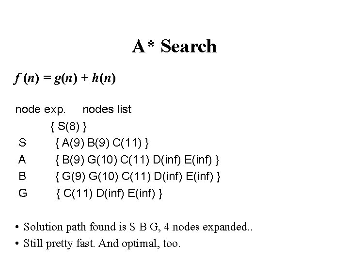 A* Search f (n) = g(n) + h(n) node exp. nodes list { S(8)