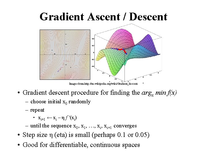 Gradient Ascent / Descent Images from http: //en. wikipedia. org/wiki/Gradient_descent • Gradient descent procedure