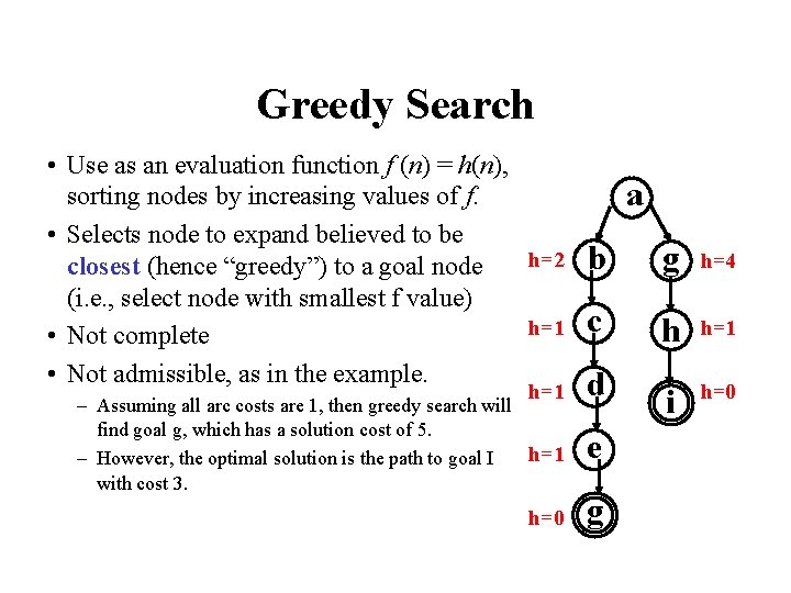 Greedy Search • Use as an evaluation function f (n) = h(n), sorting nodes