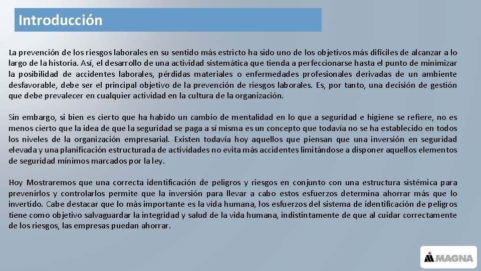 Introducción La prevención de los riesgos laborales en su sentido más estricto ha sido