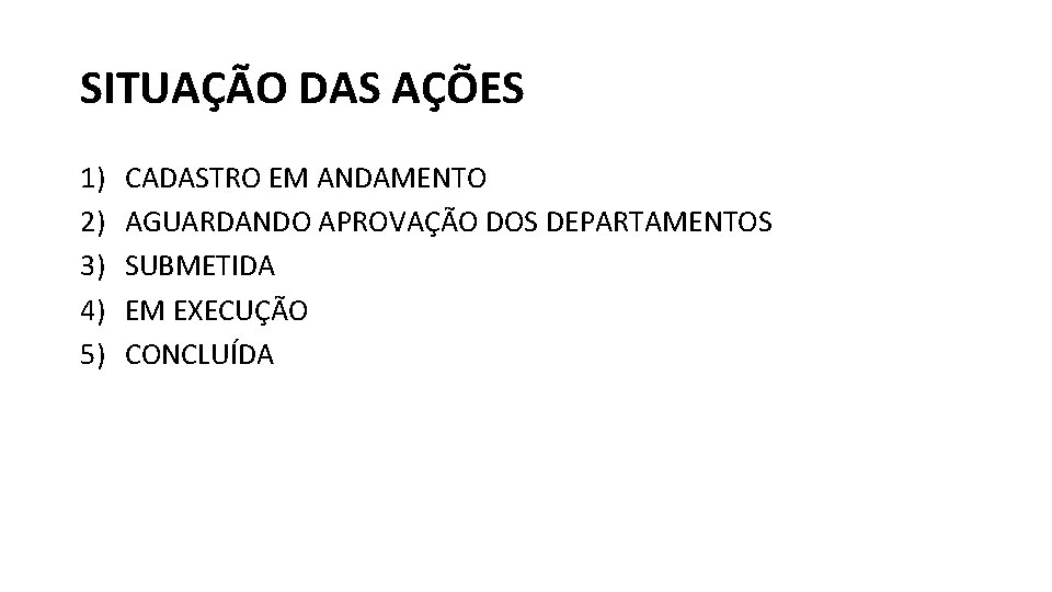SITUAÇÃO DAS AÇÕES 1) 2) 3) 4) 5) CADASTRO EM ANDAMENTO AGUARDANDO APROVAÇÃO DOS