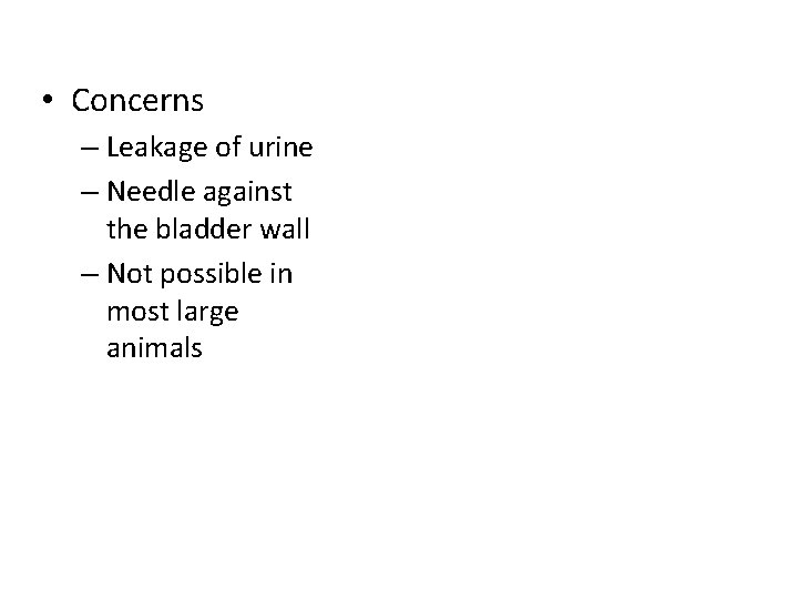  • Concerns – Leakage of urine – Needle against the bladder wall –