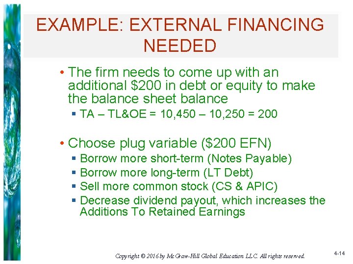 EXAMPLE: EXTERNAL FINANCING NEEDED • The firm needs to come up with an additional