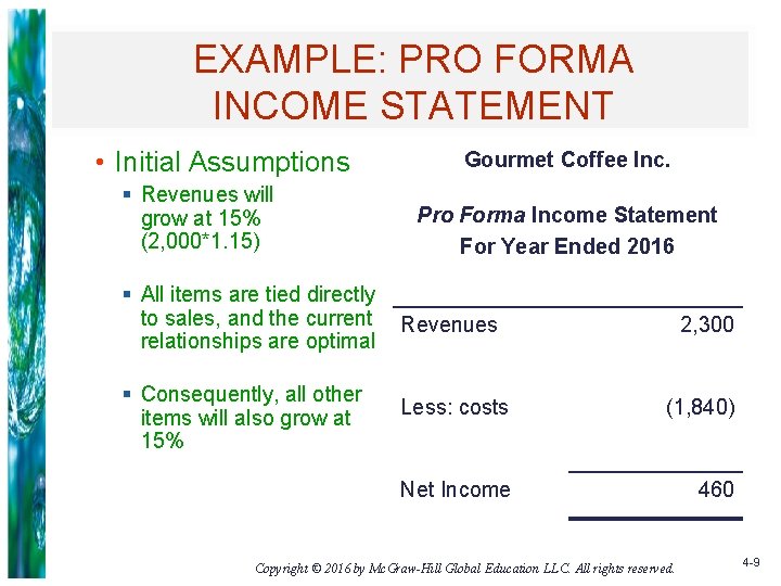 EXAMPLE: PRO FORMA INCOME STATEMENT • Initial Assumptions § Revenues will grow at 15%