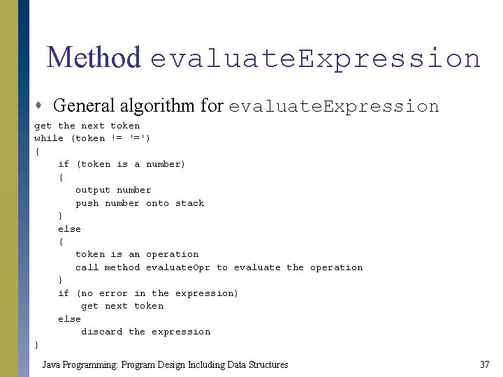 Method evaluate. Expression s General algorithm for evaluate. Expression get the next token while