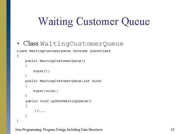 Waiting Customer Queue s Class Waiting. Customer. Queue class Waiting. Customer. Queue extends Queue.