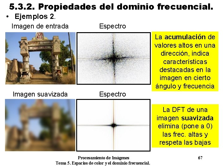 5. 3. 2. Propiedades del dominio frecuencial. • Ejemplos 2. Imagen de entrada Espectro 5. 3. 2. Propiedades del dominio frecuencial. • Ejemplos 2. Imagen de entrada Espectro