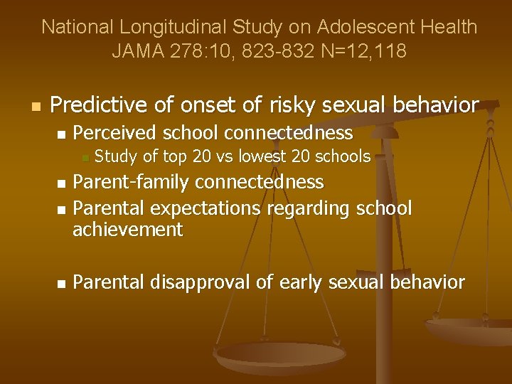 National Longitudinal Study on Adolescent Health JAMA 278: 10, 823 -832 N=12, 118 n