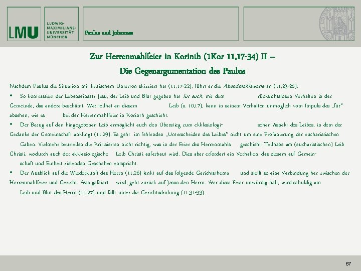 Paulus und Johannes Zur Herrenmahlfeier in Korinth (1 Kor 11, 17 -34) II –