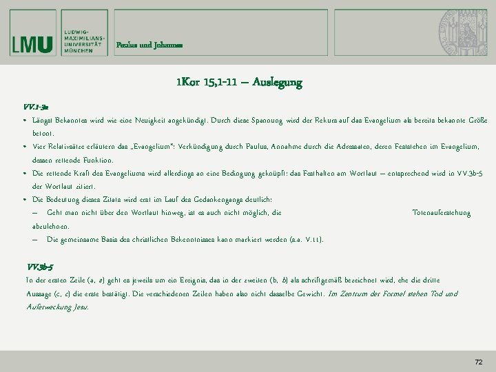 Paulus und Johannes 1 Kor 15, 1 -11 – Auslegung VV. 1 -3 a