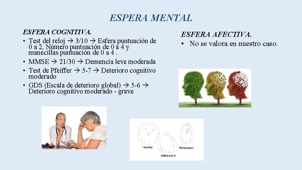 ESPERA MENTAL ESFERA COGNITIVA. • Test del reloj 3/10 Esfera puntuación de 0 a