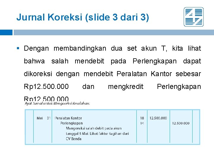 Jurnal Koreksi (slide 3 dari 3) § Dengan membandingkan dua set akun T, kita Jurnal Koreksi (slide 3 dari 3) § Dengan membandingkan dua set akun T, kita