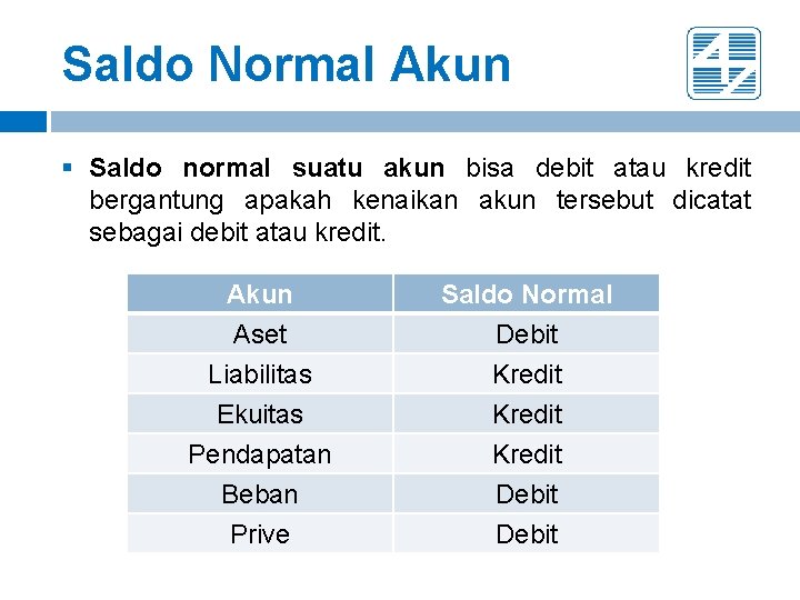Saldo Normal Akun § Saldo normal suatu akun bisa debit atau kredit bergantung apakah Saldo Normal Akun § Saldo normal suatu akun bisa debit atau kredit bergantung apakah