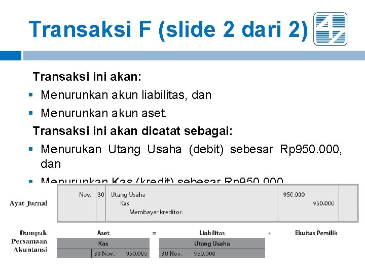 Transaksi F (slide 2 dari 2) Transaksi ini akan: § Menurunkan akun liabilitas, dan Transaksi F (slide 2 dari 2) Transaksi ini akan: § Menurunkan akun liabilitas, dan
