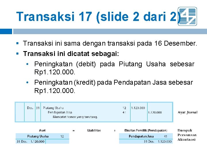 Transaksi 17 (slide 2 dari 2) § Transaksi ini sama dengan transaksi pada 16 Transaksi 17 (slide 2 dari 2) § Transaksi ini sama dengan transaksi pada 16