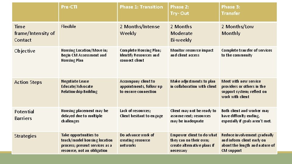 Pre-CTI Phase 1: Transition Phase 2: Try- Out Phase 3: Transfer Time frame/Intensity of