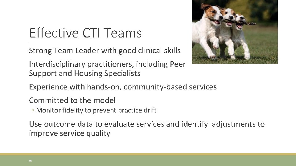 Effective CTI Teams Strong Team Leader with good clinical skills Interdisciplinary practitioners, including Peer