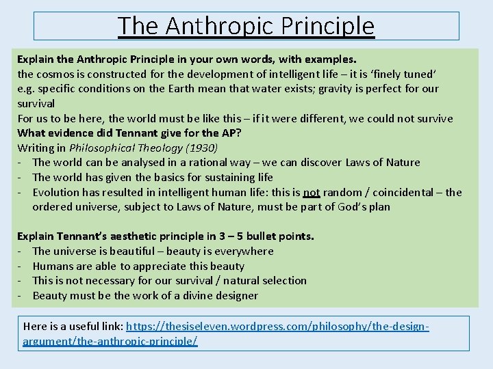 The Anthropic Principle Explain the Anthropic Principle in your own words, with examples. the