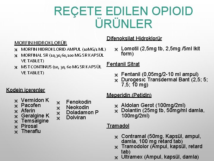 REÇETE EDILEN OPIOID ÜRÜNLER MORFIN HIDROKLORÜR Ë Ë Ë Difenoksilat Hidroklorür Ë Lomotil (2, REÇETE EDILEN OPIOID ÜRÜNLER MORFIN HIDROKLORÜR Ë Ë Ë Difenoksilat Hidroklorür Ë Lomotil (2,