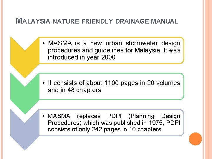 MALAYSIA NATURE FRIENDLY DRAINAGE MANUAL • MASMA is a new urban stormwater design procedures