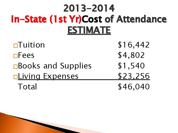 2013 -2014 In-State (1 st Yr)Cost of Attendance ESTIMATE �Tuition �Fees �Books and Supplies