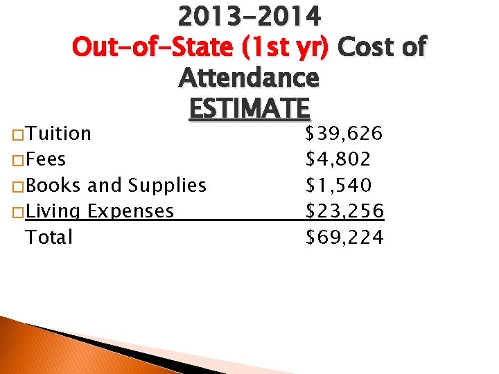 2013 -2014 Out-of-State (1 st yr) Cost of Attendance ESTIMATE � Tuition � Fees