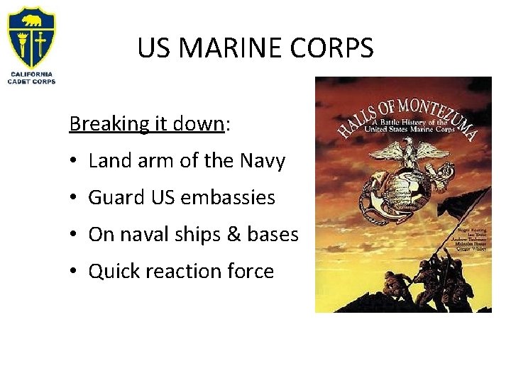 US MARINE CORPS Breaking it down: • Land arm of the Navy • Guard