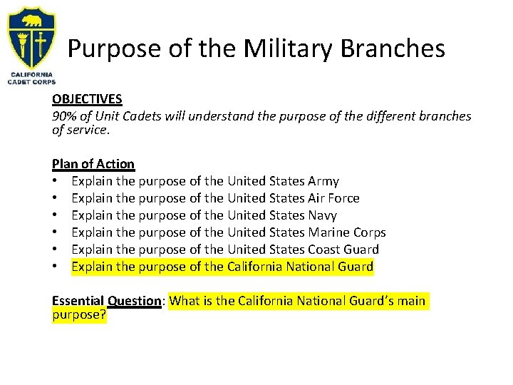Purpose of the Military Branches OBJECTIVES 90% of Unit Cadets will understand the purpose