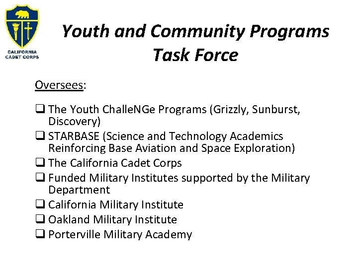 Youth and Community Programs Task Force Oversees: q The Youth Challe. NGe Programs (Grizzly,