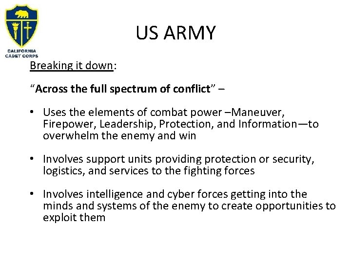 US ARMY Breaking it down: “Across the full spectrum of conflict” – • Uses