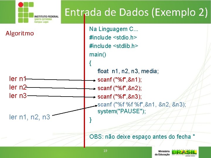 Entrada de Dados (Exemplo 2) Algoritmo ler n 1 ler n 2 ler n