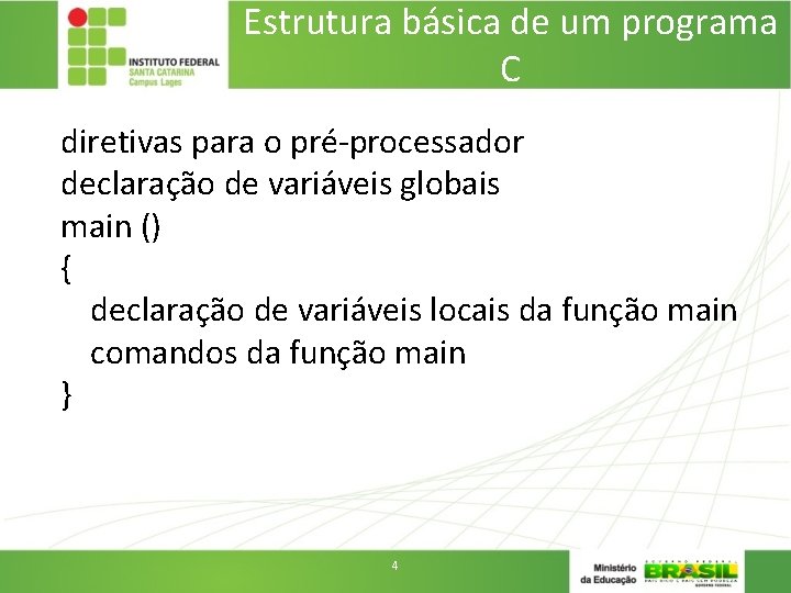 Estrutura básica de um programa C diretivas para o pré-processador declaração de variáveis globais