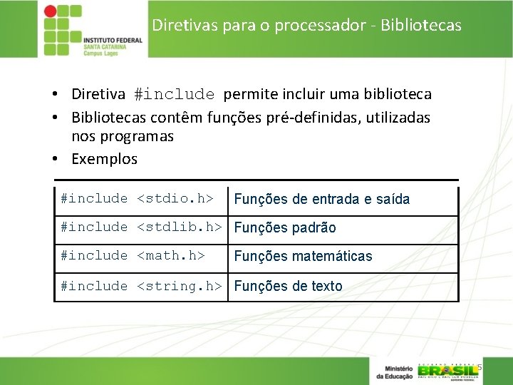 Diretivas para o processador - Bibliotecas • Diretiva #include permite incluir uma biblioteca •