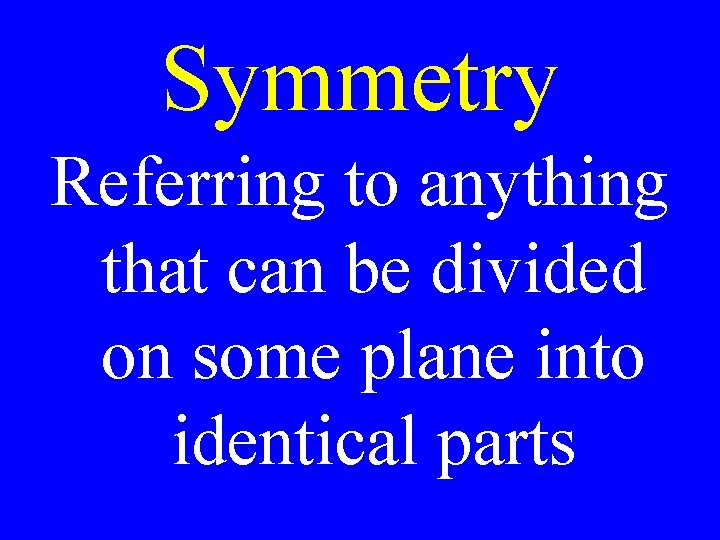 Symmetry Referring to anything that can be divided on some plane into identical parts