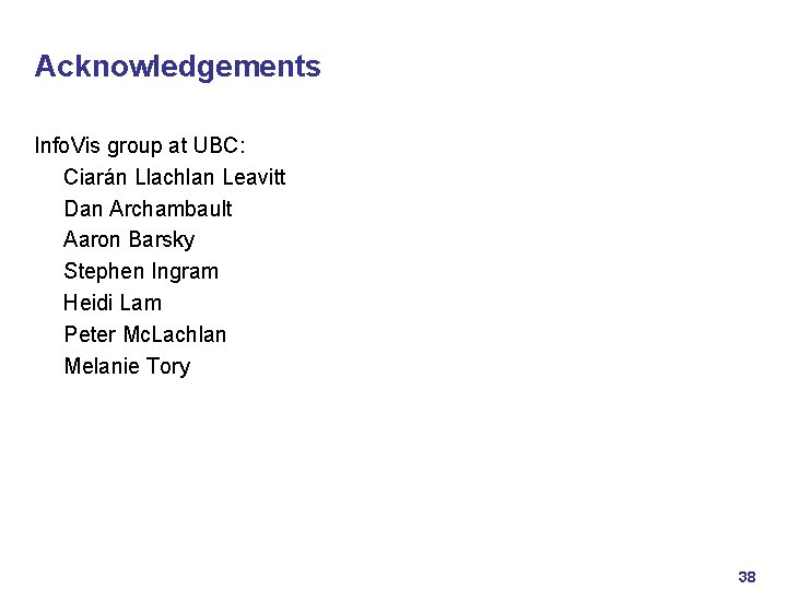 Acknowledgements Info. Vis group at UBC: Ciarán Llachlan Leavitt Dan Archambault Aaron Barsky Stephen