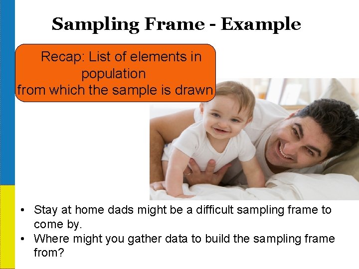 Sampling Frame - Example Recap: List of elements in population from which the sample