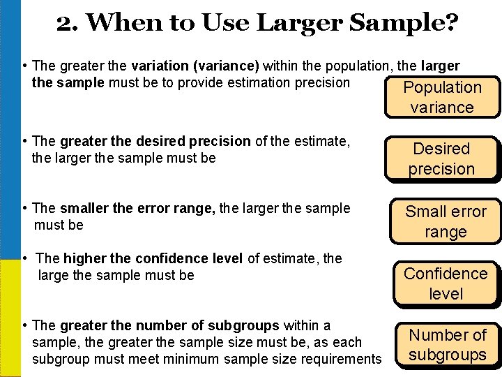 2. When to Use Larger Sample? • The greater the variation (variance) within the