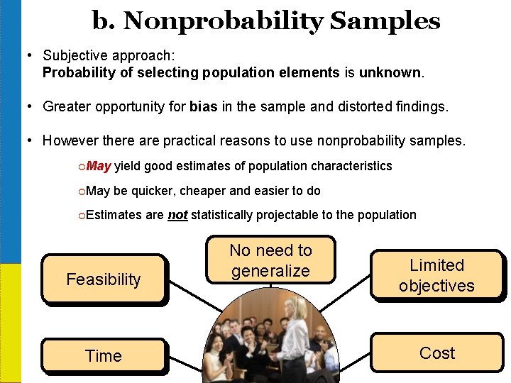 b. Nonprobability Samples • Subjective approach: Probability of selecting population elements is unknown. •