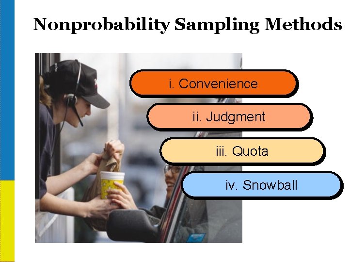 Nonprobability Sampling Methods i. Convenience ii. Judgment iii. Quota iv. Snowball 1 -40 