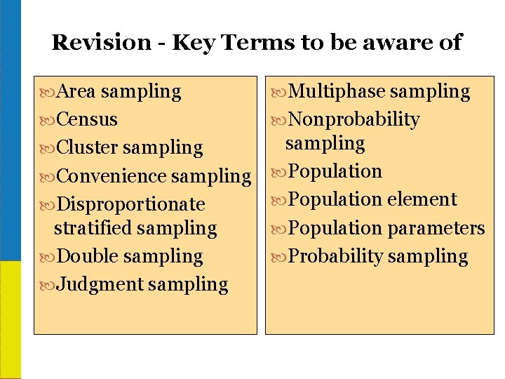 Revision - Key Terms to be aware of Area sampling Multiphase sampling Census Nonprobability