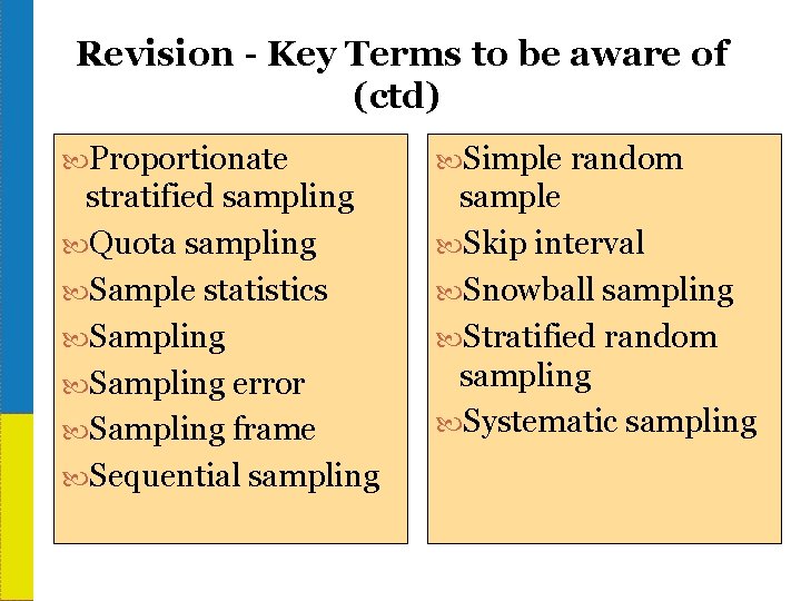 Revision - Key Terms to be aware of (ctd) Proportionate Simple random stratified sampling