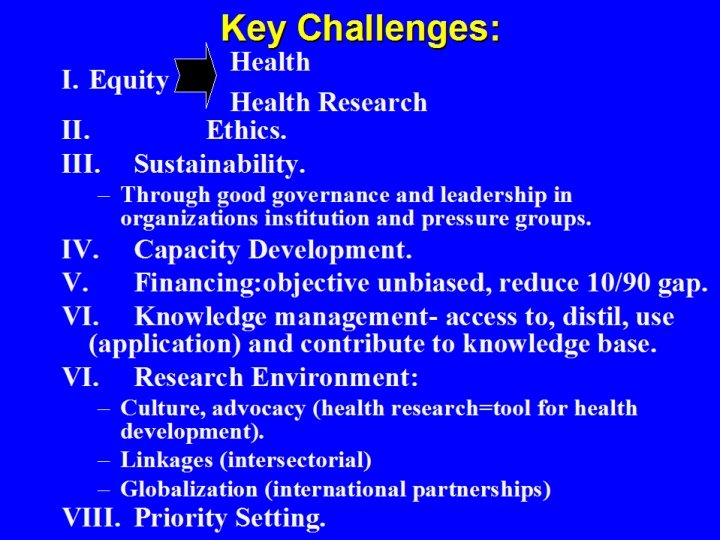 Key Challenges: Health I. Equity Health Research II. Ethics. III. Sustainability. – Through good