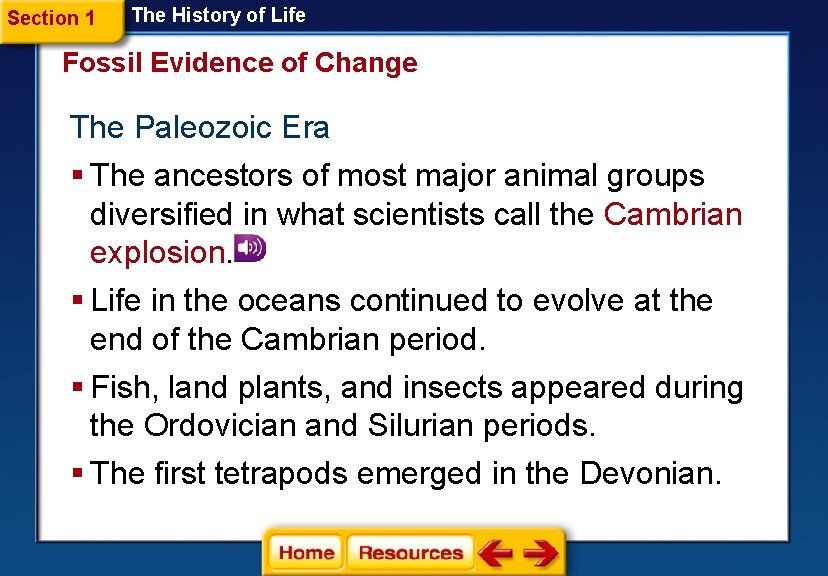 Section 1 The History of Life Fossil Evidence of Change The Paleozoic Era §