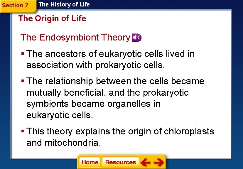 Section 2 The History of Life The Origin of Life The Endosymbiont Theory §