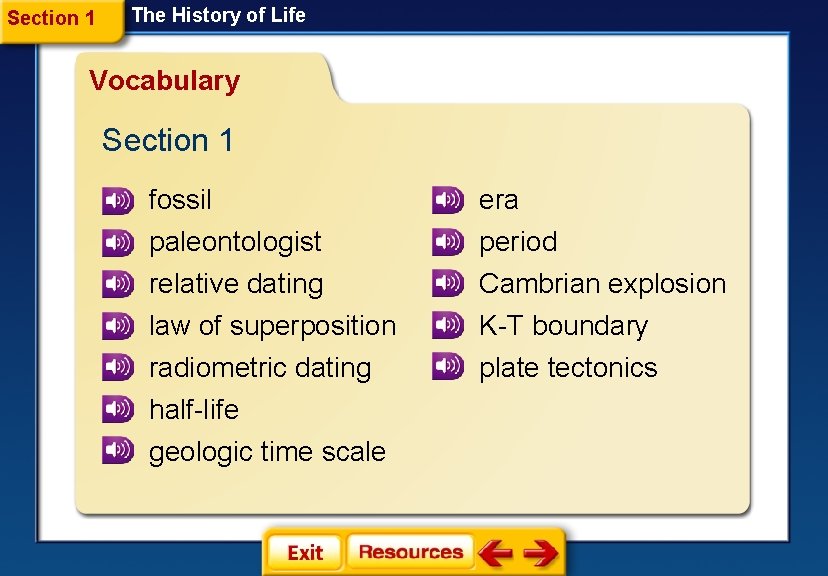 Section 1 The History of Life Vocabulary Section 1 fossil era paleontologist relative dating