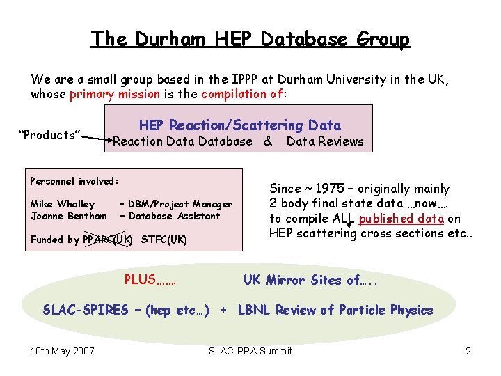 The Durham HEP Database Group We are a small group based in the IPPP
