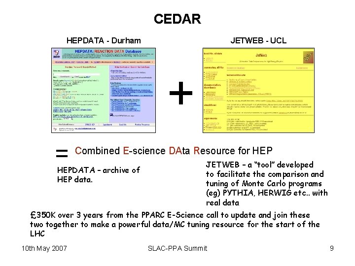 CEDAR HEPDATA - Durham JETWEB - UCL + = Combined E-science DAta Resource for