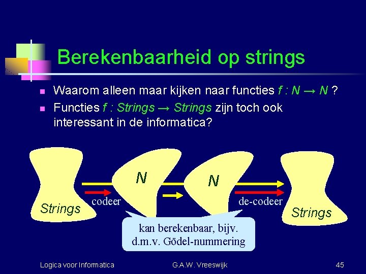 Berekenbaarheid op strings n n Waarom alleen maar kijken naar functies f : N