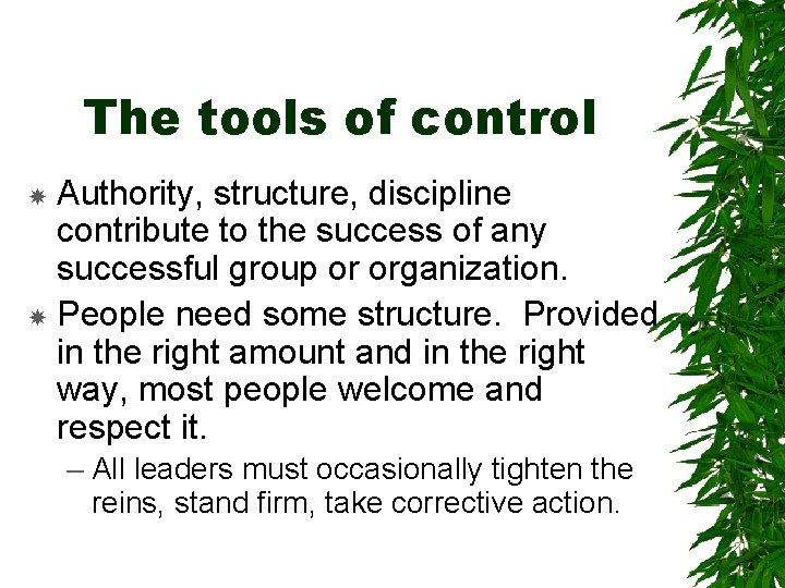The tools of control Authority, structure, discipline contribute to the success of any successful