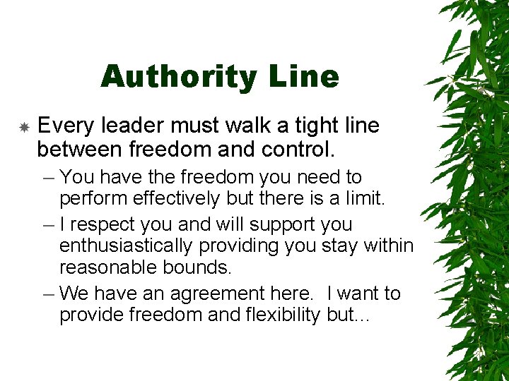 Authority Line Every leader must walk a tight line between freedom and control. –